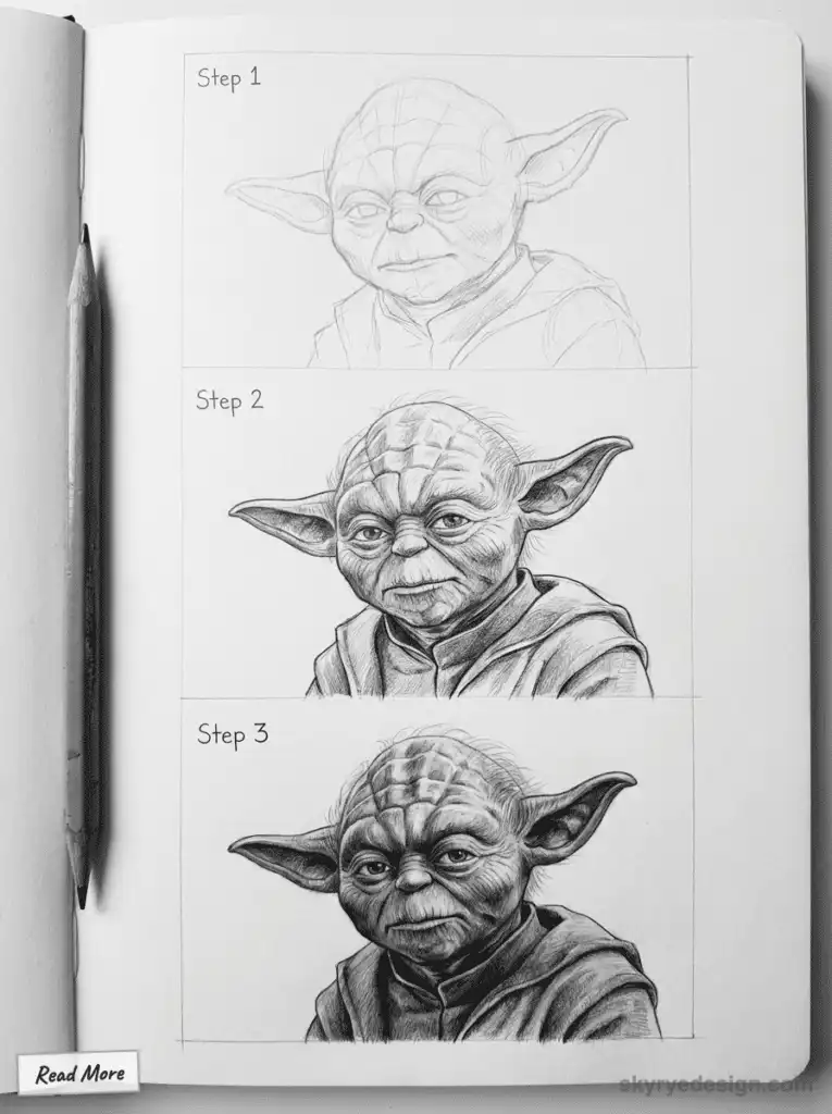 Step-by-step pencil drawing tutorial depicting a detailed character illustration progress.
