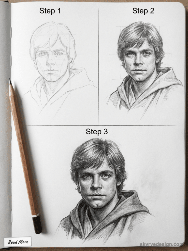 sketch-tutorial 77 Step-by-step pencil portrait drawing tutorial showing progression from sketch to detailed illustration on paper. | Sky Rye Design Step-by-step pencil portrait drawing tutorial showing progression from sketch to detailed illustration on paper. How to Draw Star Wars Character