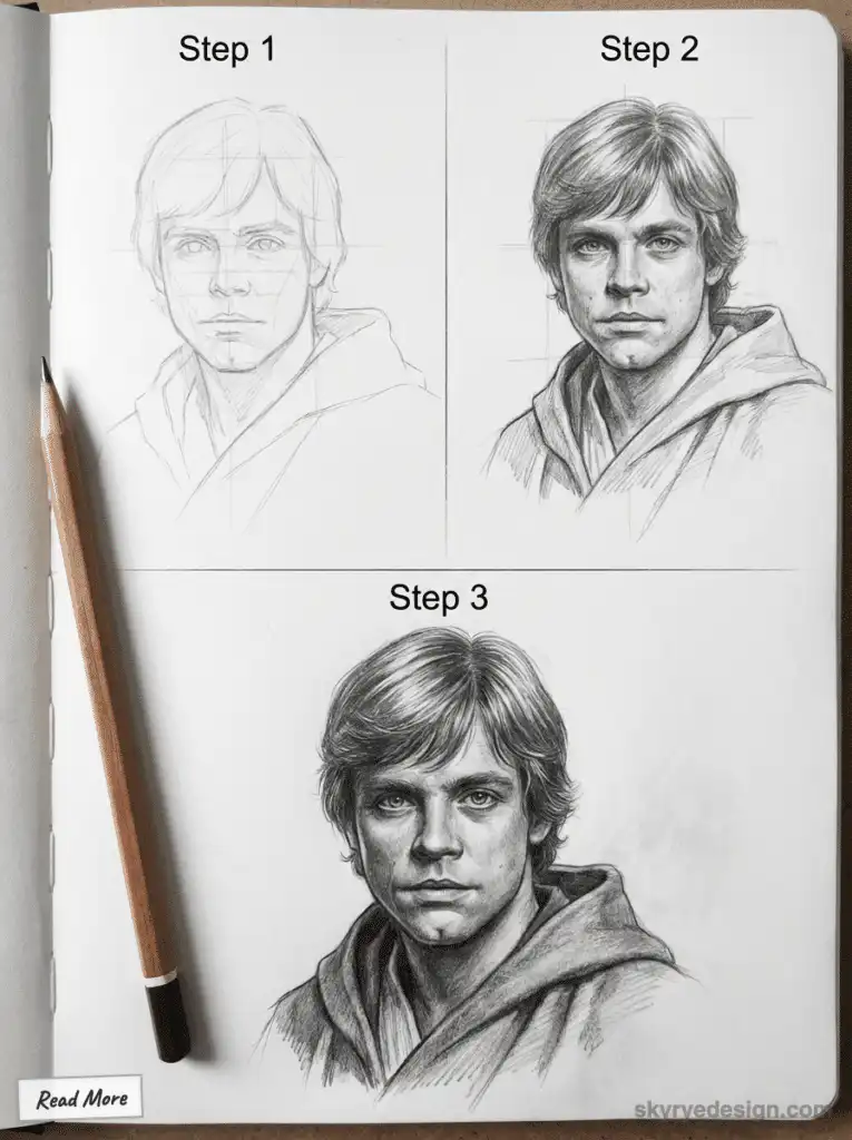 Step-by-step pencil portrait drawing tutorial showing progression from sketch to detailed illustration on paper. How to Draw Star Wars Character