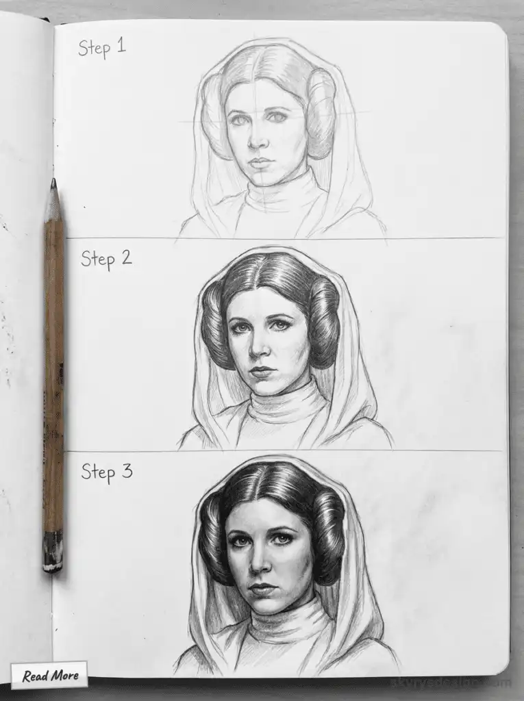 Step-by-step pencil drawing of a woman with braided hair, showing progression from rough sketch to detailed illustration.
