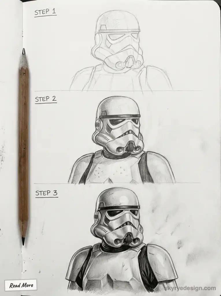 Step-by-step sketch illustration of a sci-fi character, progressing from simple outline to detailed pencil drawing, with a pencil beside.