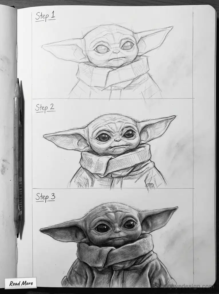 Drawing progression of a character, from sketch to detailed pencil work, in three steps on a sketchbook page.