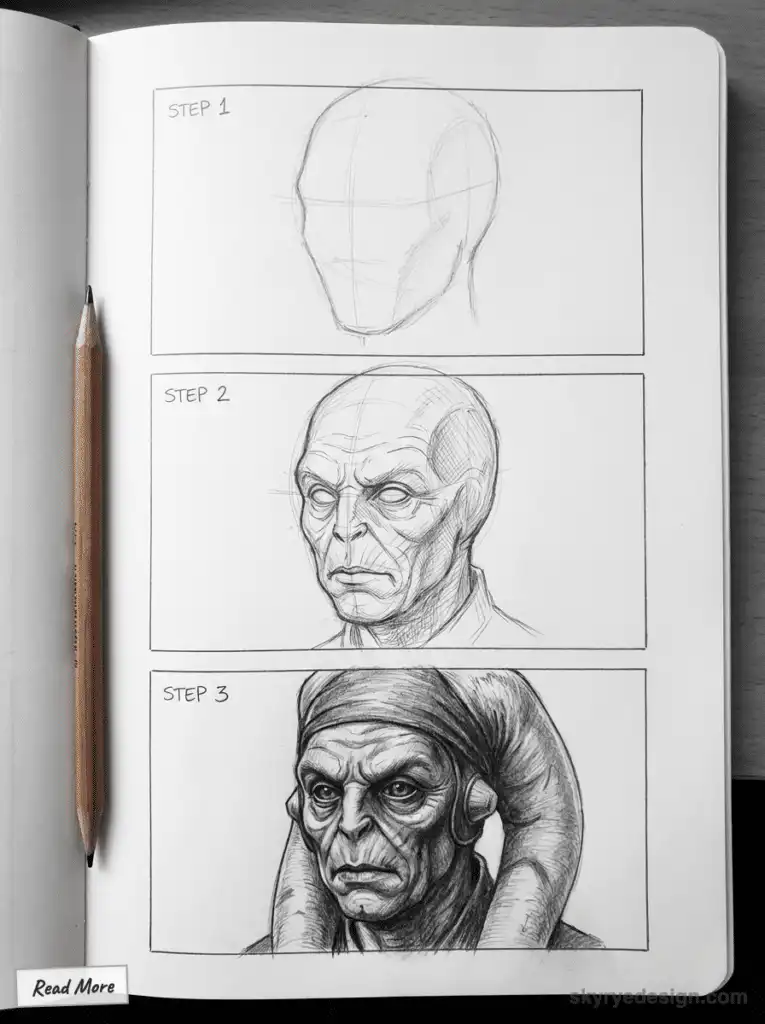Drawing tutorial in three steps: sketching a head, refining features, and adding detail to create an alien character. Penciled notebook page.