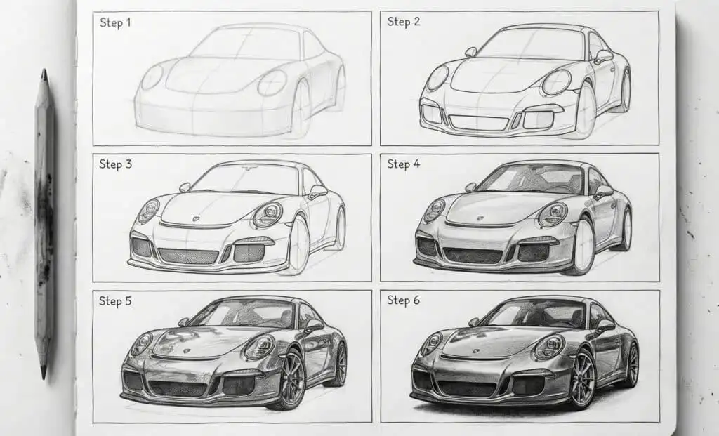 Step-by-step sketch tutorial: Learn to draw a sleek sports car, progressing from basic outline to detailed shading in six