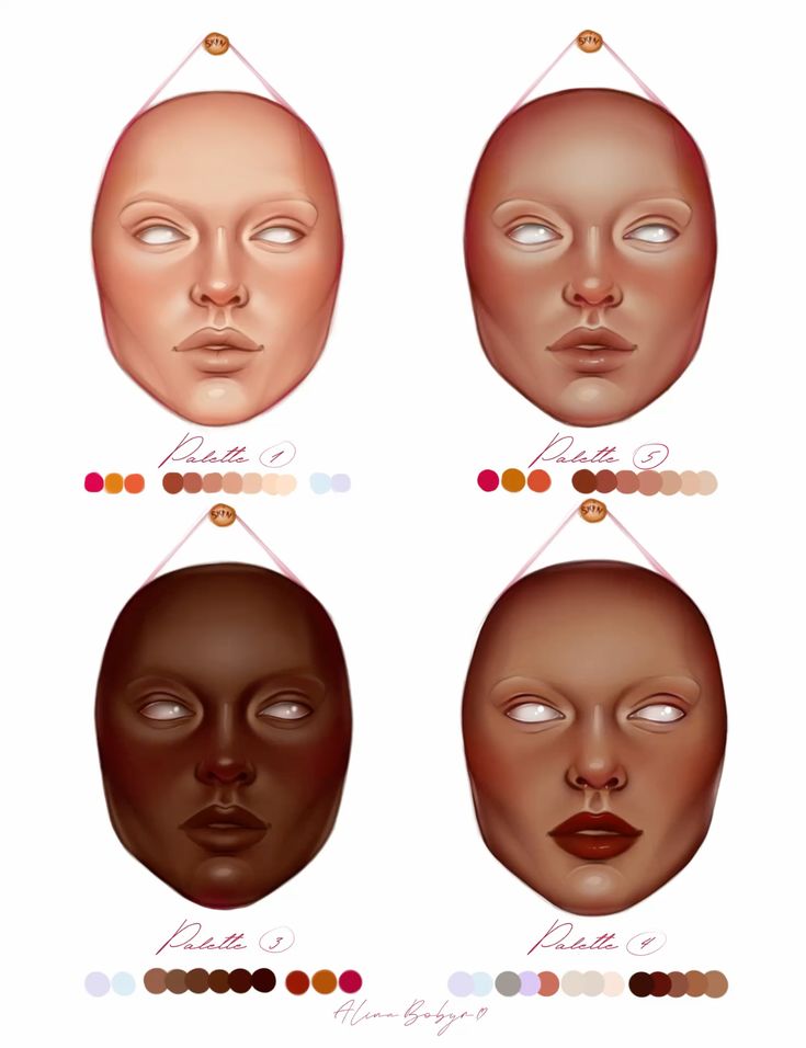 skin tone Digital face illustrations with diverse skin tone palettes labeled 1 to 4, each with corresponding color swatches below. | Sky Rye Design Digital face illustrations with diverse skin tone palettes labeled 1 to 4, each with corresponding color swatches below.