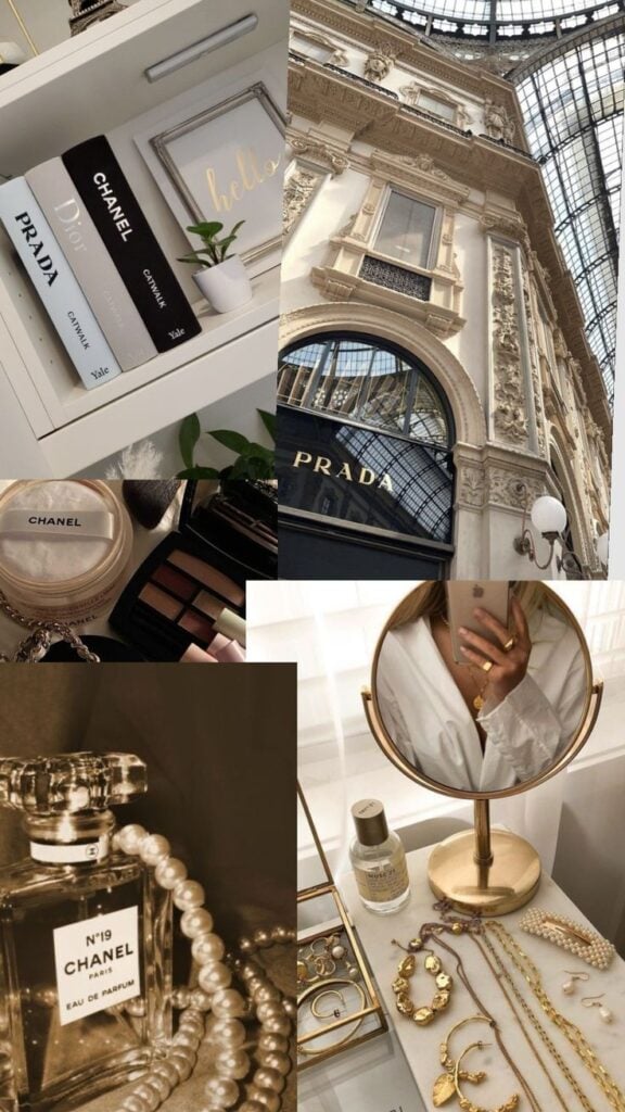 Luxury fashion collage featuring Prada, Chanel, Dior books, ornate architecture, cosmetics, and elegant jewelry display on a vanity.