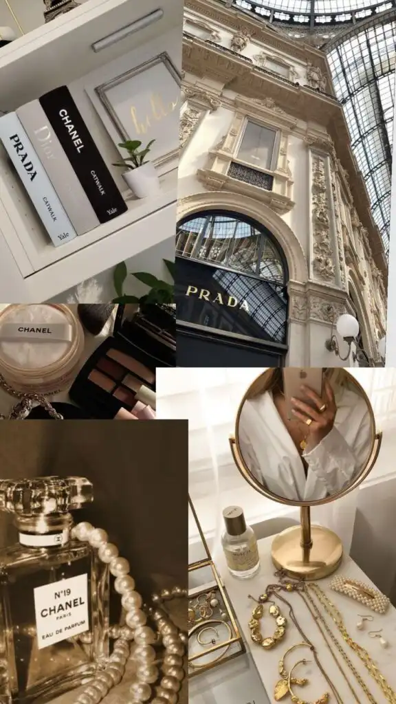 Luxury fashion collage featuring Prada, Chanel, Dior books, ornate architecture, cosmetics, and elegant jewelry display on a vanity.