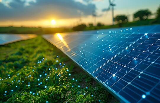 Solar panels in a field with the sun setting, symbolizing renewable energy and sustainability, with wind turbines in the