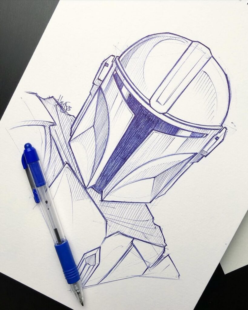 star4 Pen sketch of a futuristic helmet with a blue pen on paper, showcasing intricate details and shading, lying on a dark surface. | Sky Rye Design Pen sketch of a futuristic helmet with a blue pen on paper, showcasing intricate details and shading, lying on a dark surface. How to Draw Star Wars Characters