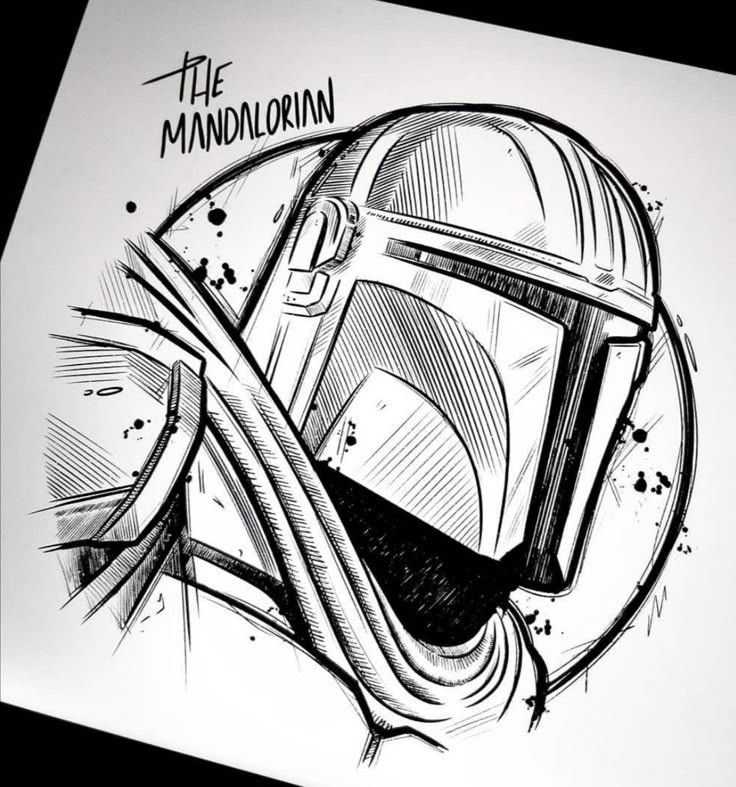 star5 Black and white sketch of a Mandalorian helmet with bold lines and dynamic strokes, signed The Mandalorian. | Sky Rye Design Black and white sketch of a Mandalorian helmet with bold lines and dynamic strokes, signed The Mandalorian.
