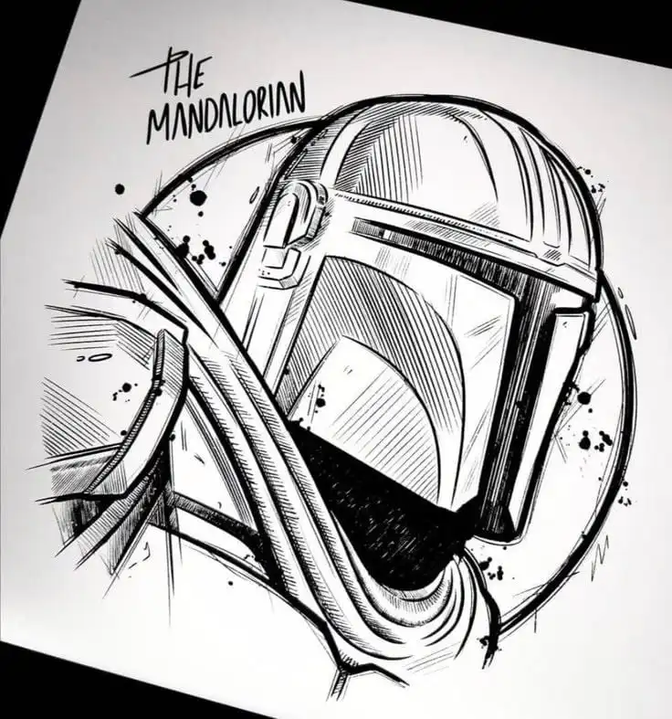 Black and white sketch of a Mandalorian helmet with bold lines and dynamic strokes, signed The Mandalorian.