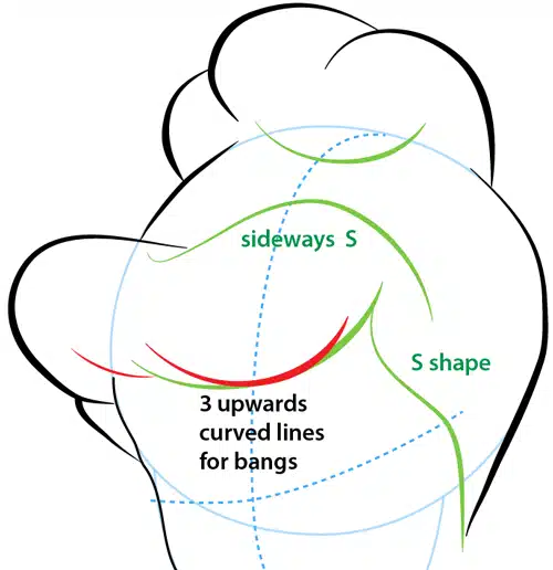 step-0427 Illustration of hair drawing technique showing a profile with curved lines and S shapes for creating bangs and structure. | Sky Rye Design Illustration of hair drawing technique showing a profile with curved lines and S shapes for creating bangs and structure.