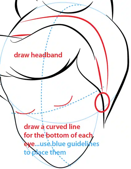 step-0526 Line drawing tutorial showing how to sketch a face with guidelines for placing a headband and drawing eyes. | Sky Rye Design Line drawing tutorial showing how to sketch a face with guidelines for placing a headband and drawing eyes.
