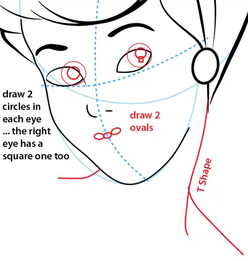 step-0723 Drawing tutorial showing step-by-step guide to sketching a face with focus on eyes and mouth features, including circles and ovals. | Sky Rye Design Drawing tutorial showing step-by-step guide to sketching a face with focus on eyes and mouth features, including circles and ovals.