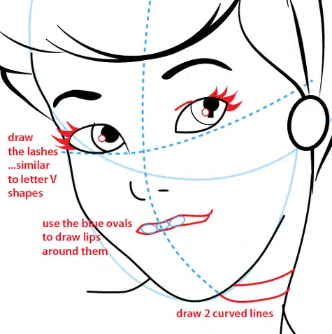 step-0822 Drawing guide for a girl's face with instructions for eyelashes and lips, featuring guiding lines and steps for beginners. | Sky Rye Design Drawing guide for a girl's face with instructions for eyelashes and lips, featuring guiding lines and steps for beginners.