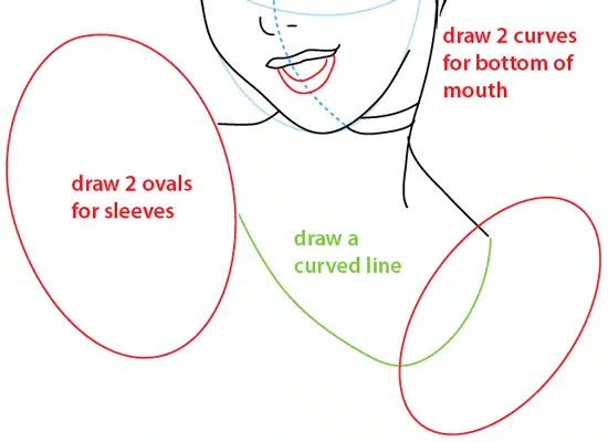 step-0919 Drawing guide showing how to sketch face and shoulders with labeled instructions for adding mouth curves, sleeve ovals, and a curved line. | Sky Rye Design Drawing guide showing how to sketch face and shoulders with labeled instructions for adding mouth curves, sleeve ovals, and a curved line.
