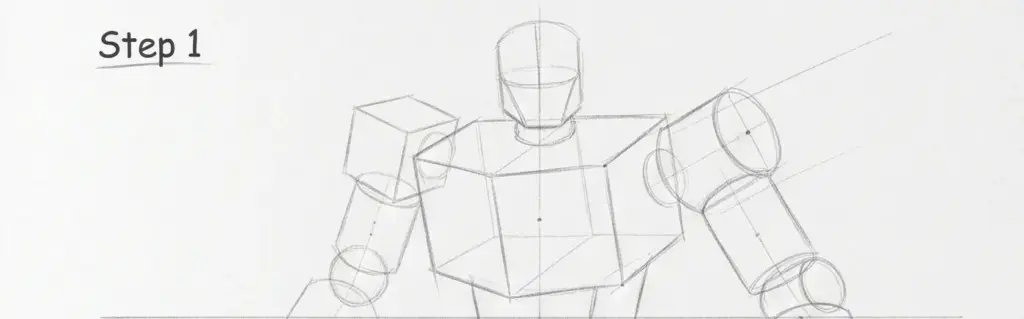 Step 1: Basic geometric sketch of a humanoid figure with cubes and cylinders, illustrating foundational drawing techniques.
