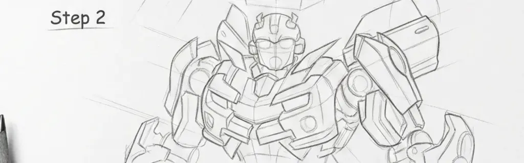 Sketch of a robot in step 2 of a drawing tutorial, showing detailed armor and futuristic design elements in pencil.