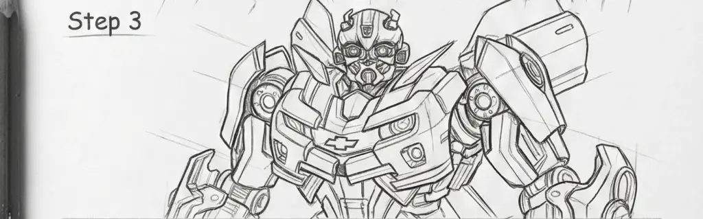 Detailed sketch of a robot transformation process, showcasing mechanical elements and Chevroletemblem, labeled as Step 3 in the drawing sequence.