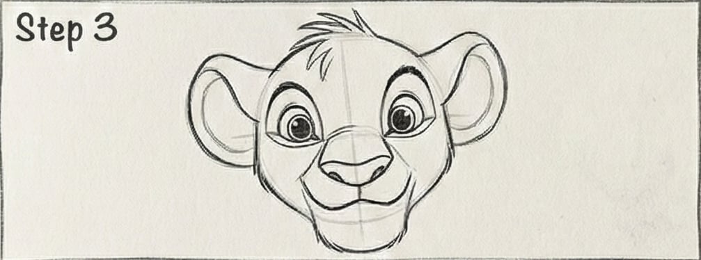 Sketch of a lion cub's face in Step 3 of a drawing tutorial, featuring animated eyes and a playful expression.