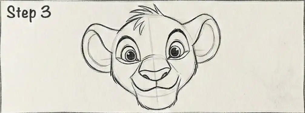 Sketch of a lion cub's face in Step 3 of a drawing tutorial, featuring animated eyes and a playful expression.