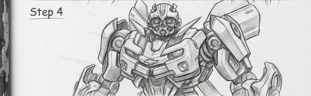 Pencil sketch of a detailed robot in Step 4, showcasing complex mechanical design with a prominent chest plate and intricate joints.