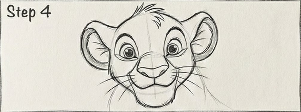 Step 4: Pencil sketch of a lion cub's face, showcasing expressive eyes and detailed features in a drawing tutorial.
