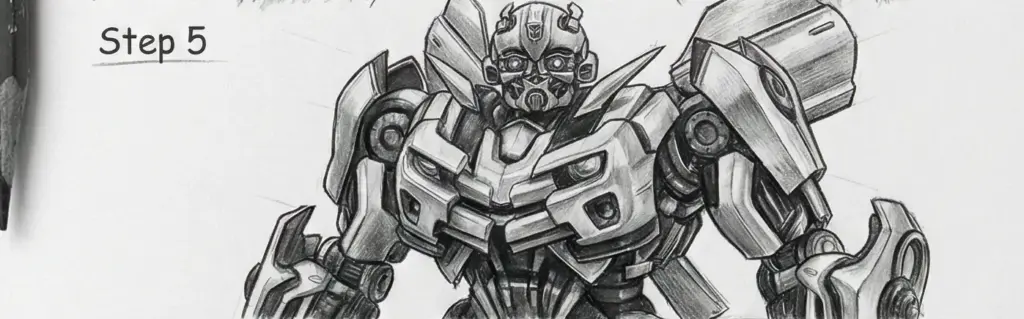 Pencil sketch of a detailed robotic character, showcasing intricate mechanical features in step 5 of the drawing process.