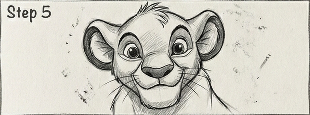 Step 5 in drawing a lion cub face: detailed pencil sketch with expressive eyes and ears. Perfect for learning to draw cartoon animals.