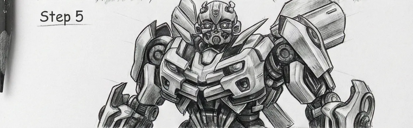 Step 5 in drawing a lion cub face: detailed pencil sketch with expressive eyes and ears. Perfect for learning to draw cartoon animals.