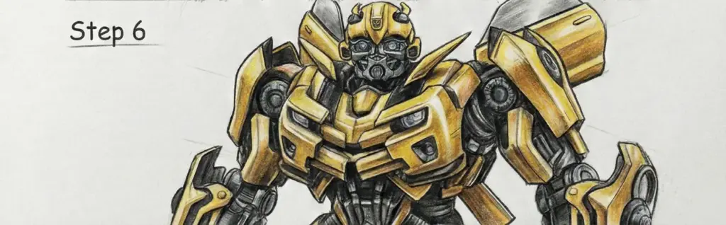 Detailed colored pencil drawing of a yellow robot, showcasing intricate components and armor in step 6 of the sketching process.
