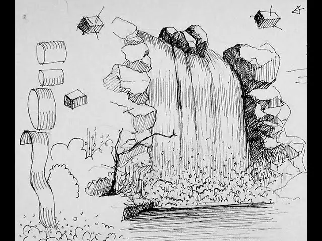 step-1-waterfall 34 Sketch of a waterfall cascading over rocks into a pool, surrounded by foliage and geometric shapes. Black and white pen drawing. | Sky Rye Design Sketch of a waterfall cascading over rocks into a pool, surrounded by foliage and geometric shapes. Black and white pen drawing.
