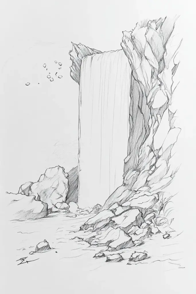 step-1-waterfall 345 Sketch of a waterfall cascading between rocky cliffs, with scattered boulders and a tranquil stream below. | Sky Rye Design Sketch of a waterfall cascading between rocky cliffs, with scattered boulders and a tranquil stream below.