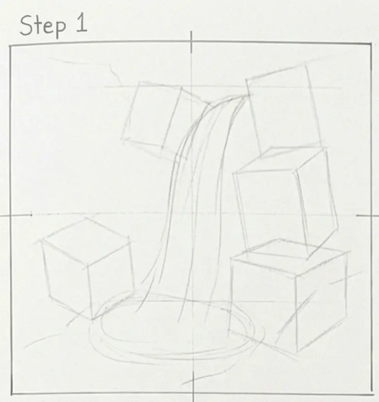 step-1-waterfall Sketch of cubes with cascading water, showcasing an artistic illustration in progress, indicated as step 1 for tutorial guidance. | Sky Rye Design Sketch of cubes with cascading water, showcasing an artistic illustration in progress, indicated as step 1 for tutorial guidance.