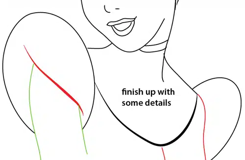 step-1016 Line drawing of a woman's upper body, with directions to add details, highlighting arm contours. | Sky Rye Design Line drawing of a woman's upper body, with directions to add details, highlighting arm contours.