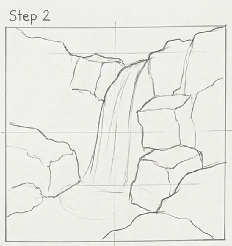 step-2-waterfall Sketch of a waterfall in step 2, featuring flowing water over rocks. Simple line art for drawing tutorials or nature illustrations. | Sky Rye Design Sketch of a waterfall in step 2, featuring flowing water over rocks. Simple line art for drawing tutorials or nature illustrations.