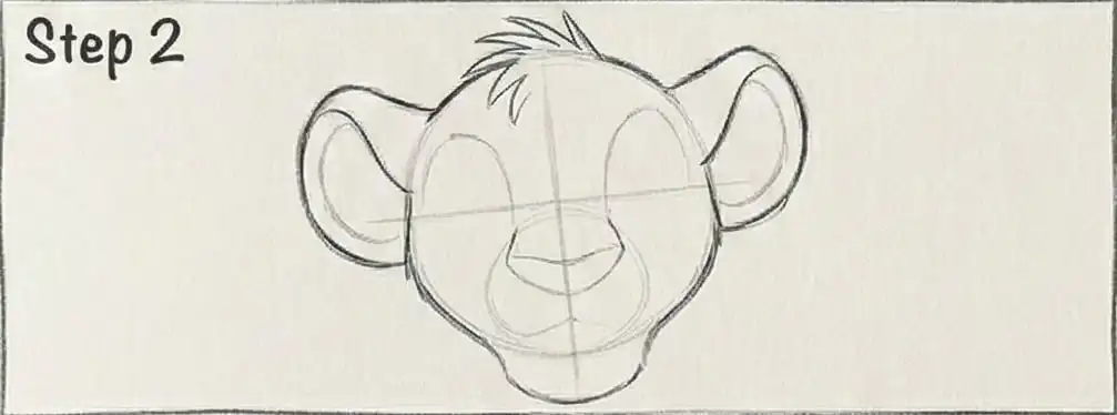 Step 2: Sketch of a cartoon lion cub's face in pencil, showing basic outlines and features like ears, nose, and eyes on a blank background.