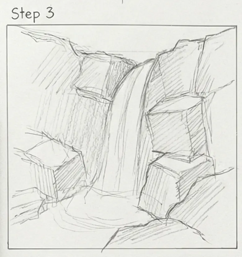step-3-waterfall Sketch of a waterfall flowing between rocks, capturing the serene movement of water in a natural rocky setting. Step 3 in drawing guide. | Sky Rye Design Sketch of a waterfall flowing between rocks, capturing the serene movement of water in a natural rocky setting. Step 3 in drawing guide.