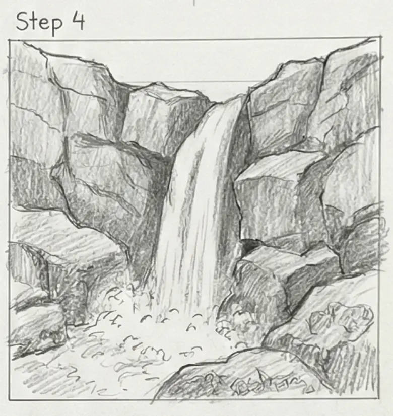 step-4-waterfall Sketch of a waterfall cascading down rocky cliffs, illustrating step 4 of a drawing tutorial on capturing waterfall scenes. | Sky Rye Design Sketch of a waterfall cascading down rocky cliffs, illustrating step 4 of a drawing tutorial on capturing waterfall scenes.