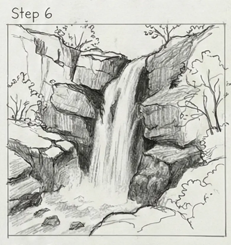 step-6-waterfall Pencil sketch of a waterfall cascading over layered rocks surrounded by trees, marked as Step 6 in an artistic drawing tutorial. | Sky Rye Design Pencil sketch of a waterfall cascading over layered rocks surrounded by trees, marked as Step 6 in an artistic drawing tutorial.