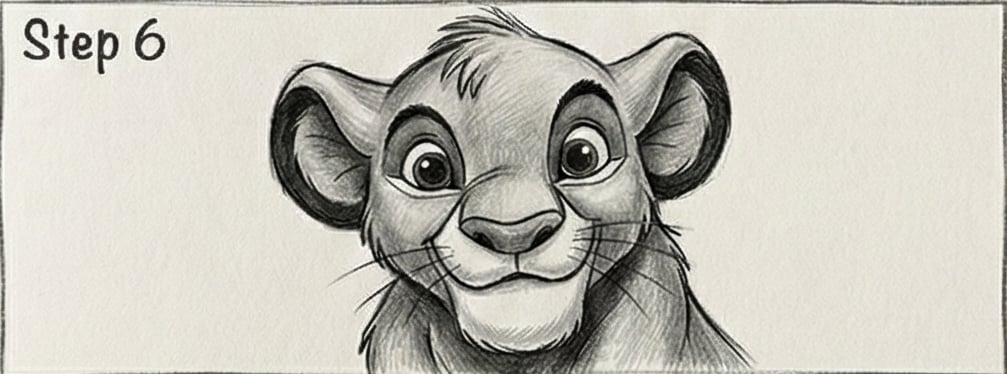 Drawing of a smiling lion cub's face, sketched in pencil, depicted in Step 6 of the illustration process.