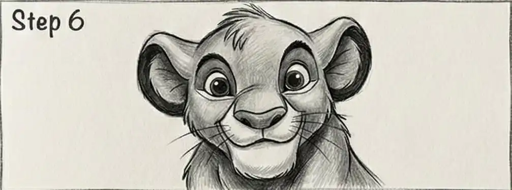 Drawing of a smiling lion cub's face, sketched in pencil, depicted in Step 6 of the illustration process.