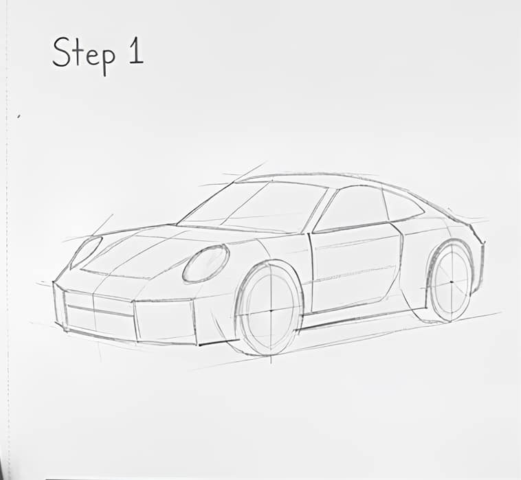 Step 1: Basic sketch of a sports car in pencil, showcasing initial outlines and shapes on a plain white background.