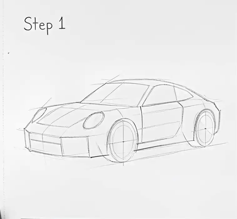 Step 1: Basic sketch of a sports car in pencil, showcasing initial outlines and shapes on a plain white background.