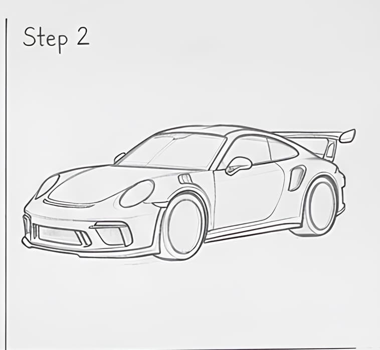 Line drawing of a sports car with a rear spoiler labeled Step 2. Perfect for car enthusiasts and illustration tutorials.