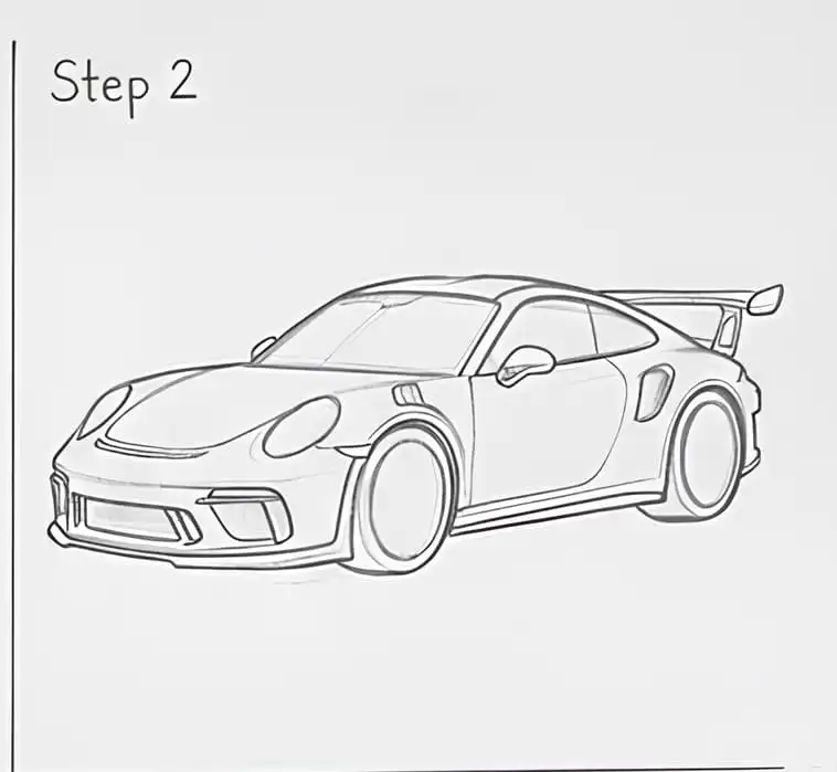 Line drawing of a sports car with a rear spoiler labeled Step 2. Perfect for car enthusiasts and illustration tutorials.