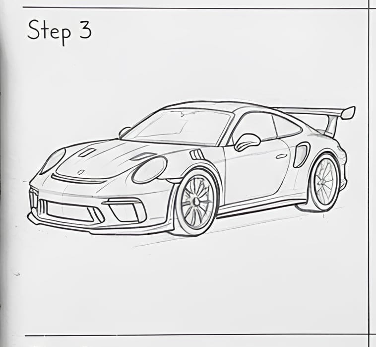 Line drawing of a sports car design sketch, showcasing sleek aerodynamic features and a rear spoiler, labeled 'Step 3'.