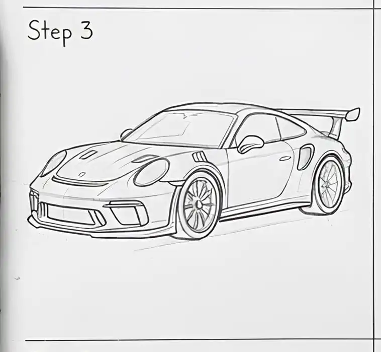 Line drawing of a sports car design sketch, showcasing sleek aerodynamic features and a rear spoiler, labeled 'Step 3'.