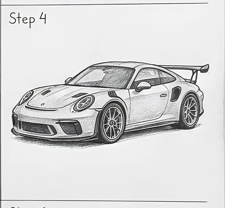 Sketch of a sleek sports car with a large wing spoiler, showcasing its aerodynamic design. Step 4 in drawing tutorial for