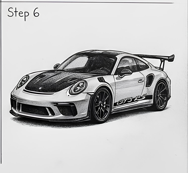 Illustration of a sports car in black and white, labeled Step 6, showcasing a sleek design with a prominent rear wing and